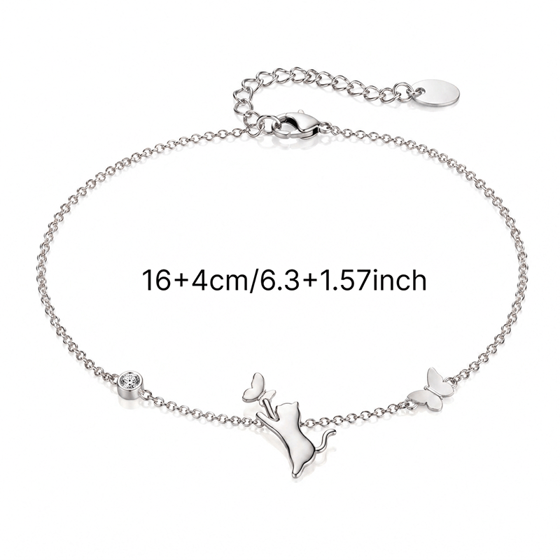 Women's Leaping Cat Catches Butterfly Silver-Plated Bracelet, Unique Design